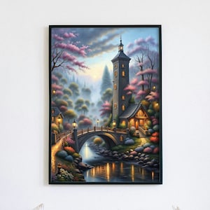 Thomas Kinkade inspired Bridge Wall Art, Digital Painting, Digital Download, AI Art, Thomas Kinkade Art, Digital Art, Printable, Wall Decor