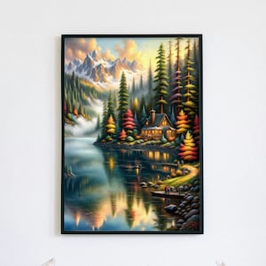 Thomas Kinkade Inspired River Landscape, Thomas Kinkade Art, Digital Download, Digital, Forest Wall Art, AI Art, Digital Painting, Printable