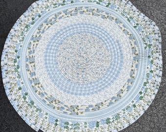Handmade Round Jelly Roll Rug - 33 Inch Hydrangea Blue, Green and White Cotton Accent Mat, Circular Floor Rug for Nursery or Bath