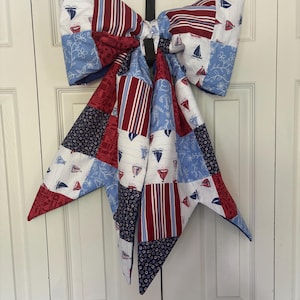 Hand made Quilted Bow, Patriotic theme, Home decor door hanger, Fourth of July, Memorial Day, Veterans Day decor