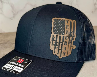 Custom Trucker Leather Patch Hat Laser Engraved, Richardson 112, Veteran, American Pride, Patriotic Snapback Hat, Military Gift