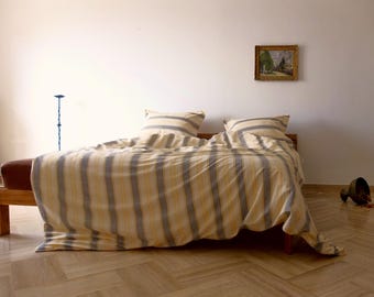 LAVIENE - Striped Duvet Set Off-white, Black & Yellow unbleached Ranforce 100% Cotton