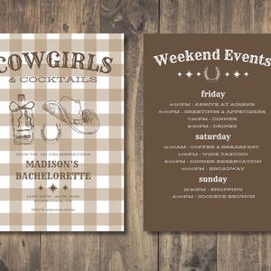 Cowgirls & Cocktails Bachelorette Party Themed Invitation and Itinerary