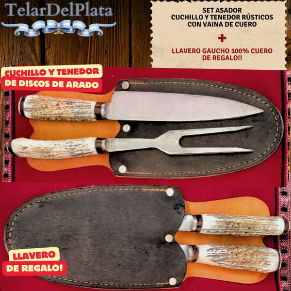 Grill Knife and Fork, Antler Handles. Metal Set of Plow Discs, Leather Sheath, Gaucho Set. Rustic Argentine barbecue set.