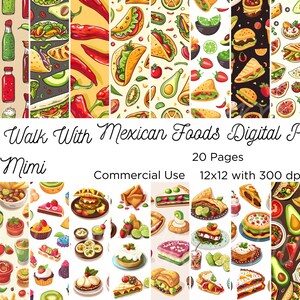以下が含まれることがあります： タコス、ブリトー、ワカモレ、チリペッパーなど、メキシコ料理をモチーフにしたカラフルなイラストが20ページ入ったデジタルペーパーパックです。画像には「Shop: Walk With Mexican Foods Digital Paper Mimi 20 Pages Commercial Use 12x12 with 300 dpi jpg」というテキストが印刷されています。
