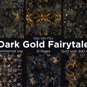 Papel digital de cuento de hadas de oro oscuro, negro y oro, patrones, papel de scrapbooking, kit de diario basura, imprimible, descarga instantánea