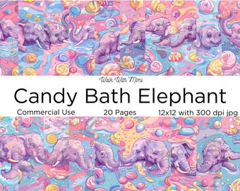 Papier numérique Candy Bath éléphant, 20 pages, Bonbons, Fantaisie, Bonbons, Desserts, Éléphant, Bain moussant, Imprimable, Papier de scrapbooking