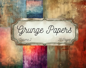 May include: A collection of twenty digital papers featuring varied textures and colours including blue, red, orange, and brown. A central rectangular label with decorative edges displays the text Grunge Papers Volume 2 20 Pages in black script.