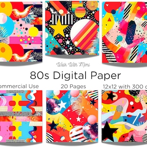 Carta digitale anni ’80: bellissimi modelli per scrapbooking, artigianato, biglietti e progetti fai-da-te, download istantaneo, alta risoluzione.