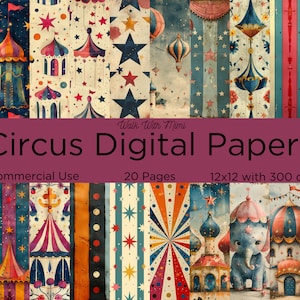 Papeles digitales de circo. Vintage Circus, Scrapbooking, Kit de diario basura, Imprimible, 20 páginas, 12x12