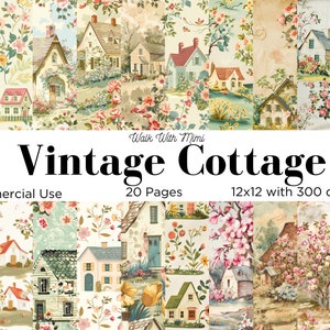Cottage vintage, Cottage primaverile, Floreale, Estate, Carta per album, 20 pagine, 12 x 12, Download istantaneo, Uso commerciale
