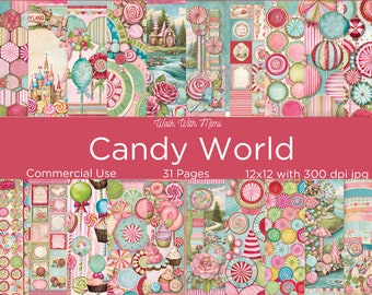 Sweet Fantasy: Candy World Digital Paper, 31 pages, Candy, Fantasy, Sweets, Desserts, Pink, Candy Houses, Printable, Scrapbook paper