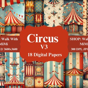 Circus Digital Papers. Vintage Circus, Scrapbooking, Junk Journal Kit, Printable, 18 Pages, 12x12