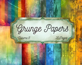 May include: A collection of digital papers featuring a vibrant, multi-coloured grunge texture background. Centred is a light-coloured, decorative rectangular label with the text Grunge Papers, Volume 8, and 20 Pages in black script font.