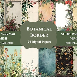 Carta digitale con bordi botanici: bellissimi motivi per scrapbooking, artigianato, biglietti e progetti fai da te - Download immediato, alta risoluzione.