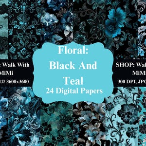 Carta digitale floreale verde acqua e nera: bellissimi motivi per scrapbooking, artigianato, biglietti e progetti fai da te - download immediato, alta risoluzione.