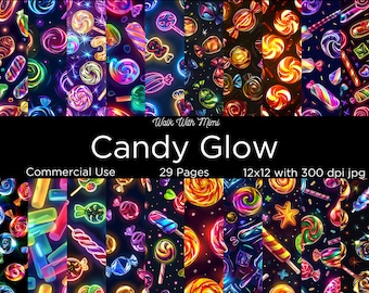 Papier numérique Candy Glow, 29 pages, Bonbons, Fantastique, Bonbons, Desserts, phosphorescent, Imprimable, Papier scrapbooking