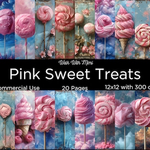 Guloseimas rosa, doces, sobremesas, algodão doce, papel digital, álbum de recortes, 12x12, papel de lixo eletrônico, diário de lixo de doces, artesanato em papel