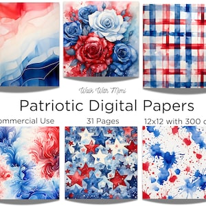 Papeles digitales patrióticos, papel para álbumes de recortes, páginas de diarios basura, manualidades en papel, tarjetas e invitaciones