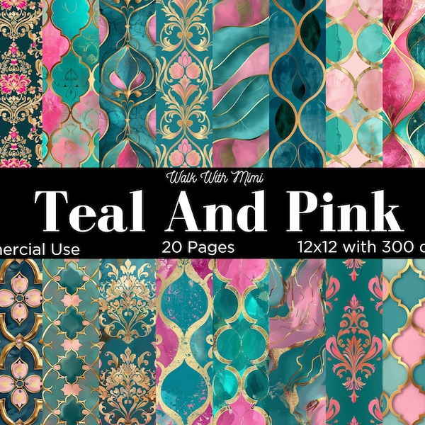 Teal And Pink With Gold Digital Paper, Scrapbook Paper, Background, 12 x 12, Commercial Use