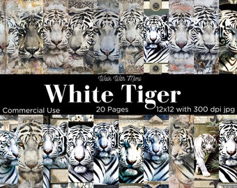 White Tiger Digital Paper, Scrapbook Paper, Junk Journal Paper, 12 x 12, Commercial Use