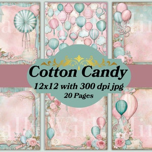 Papel digital de algodão doce, cores fofas de algodão doce e downloads digitais temáticos, 20 páginas, para projetos de scrapbooking e junk Journal e muito mais