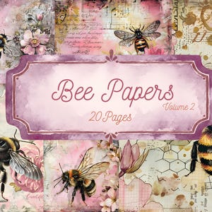 May include: A collection of decorative papers featuring illustrations of bumblebees, pink flowers, musical notes, and honeycomb patterns. A central purple label displays the text Bee Papers Volume 2 20 Pages in a cursive and serif font style.