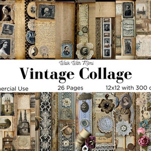 May include: A vintage collage digital paper pack with 26 pages of images, including lace, flowers, old paper, and architectural details. The collage is 12 inches by 12 inches and has a resolution of 300 dpi.