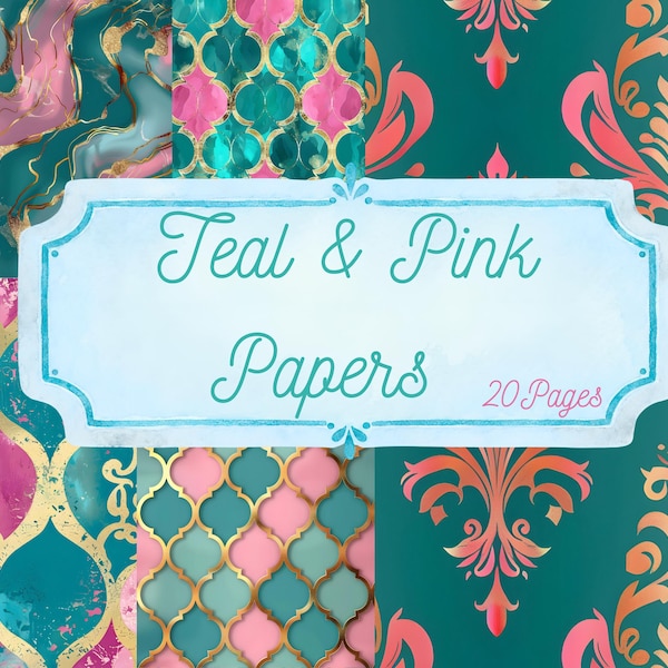 Digitales Papier in Türkis und Rosa mit Gold, Scrapbook-Papier, Hintergrund, 12 x 12 Zoll, kommerzielle Nutzung