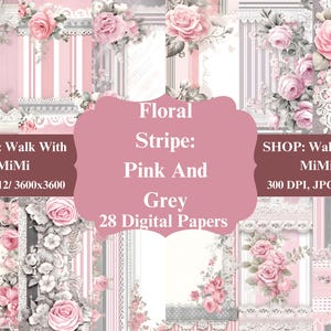 Carta digitale con strisce floreali rosa e grigie: bellissimi motivi per scrapbooking, artigianato, cartoline e progetti fai-da-te