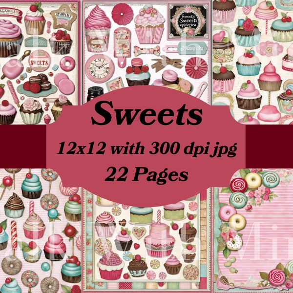 Sweets Digital Paper, Candy, Cake, Desserts, Cupcakes, Donuts, Ephemera, Fussy Cut, Pink, Printable, Commercial Use