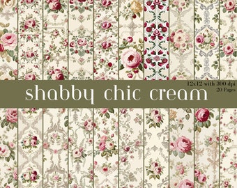 Shabby Chic Floral Digital Paper Pack, Cream Roses (Digital Download)