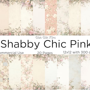 Carta digitale rosa shabby chic, carta per scrapbooking floreale, carta per diario spazzatura, diario da giardino, 20 pagine, 12x12, download istantaneo