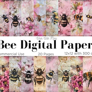 May include: Digital paper set featuring bee illustrations, flowers, and vintage textures. The design includes various bee species, pink floral elements, and musical notes. The text "Bee Digital Papers" is displayed prominently. The set includes 20 pages, 12x12 inches with 300 dpi.