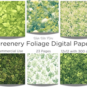 May include: A set of 23 digital papers featuring green foliage patterns. The papers are 12 inches by 12 inches and have a resolution of 300 dpi. They are perfect for crafting, scrapbooking, and other creative projects.