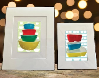 PYREX Matted Wall Art: Primary Mixing Bowls & Fridge's MCM Vintage Kitchen