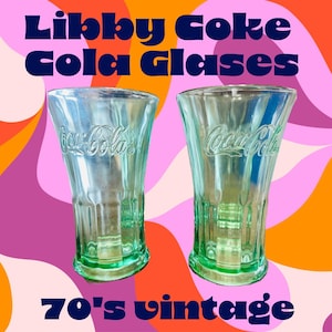 Set of 3 -Vintage COCA COLA 1970&#39;s LIBBY L-Stamped Green soda glasses w/ embossed logo 16 oz