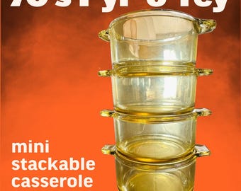 Vintage 70s Amber Yellow PYR O REY Glass Mini Casseroles, Set of 4