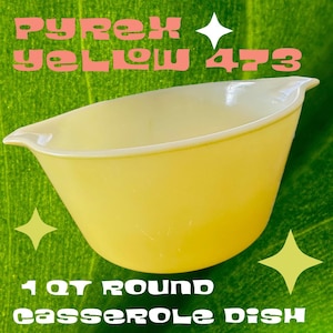 VINTAGE PYREX 1960&#39;s Yellow Verde Round CASSEROLE w/ cinderella handles  #473