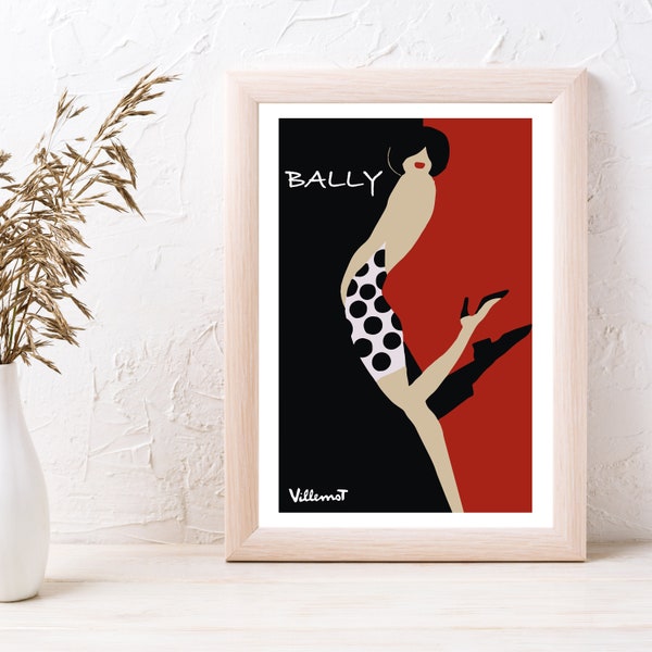 Bernard Villemot - Poster femme Bally Kick, impression femme Bally Kick, impressions vintage, affiche Bally, impression Bally, art mural vintage, art numérique