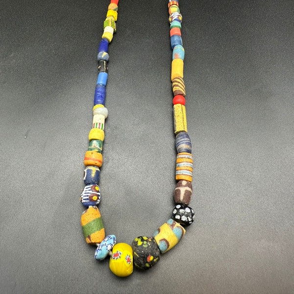 Ancient trade bead necklace handmade Impressive Antique Mixed old Bead Strand Old African Trade Beads Necklace African bead, collectible