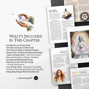 Puede incluir: Una portada de libro con el t&iacute;tulo "What's Included in This Chapter" y una lista de temas relacionados con el trabajo energ&eacute;tico en la brujer&iacute;a. La portada presenta ilustraciones de manos sosteniendo una bola de cristal, una mujer con un aura de arco&iacute;ris y una mujer con una corona de flores.