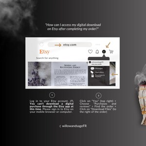 Puede incluir: Una captura de pantalla del sitio web de Etsy que muestra c&oacute;mo acceder a una descarga digital despu&eacute;s de completar un pedido. La imagen muestra una pantalla de computadora con el sitio web de Etsy abierto. El texto en la pantalla dice "Inicie sesi&oacute;n en su cuenta de Etsy. No puede descargar una compra digital a trav&eacute;s de la aplicaci&oacute;n de Etsy en este momento. Inicie sesi&oacute;n en Etsy en su navegador m&oacute;vil o computadora." y "Haga clic en "Usted" (arriba a la derecha) > Elija "Compras y rese&ntilde;as" > Encuentre el pedido > Haga clic en "Descargar archivos" (a la derecha del pedido)."