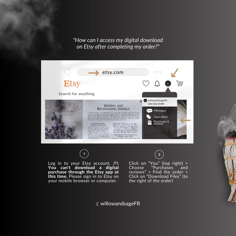 Puede incluir: Una captura de pantalla del sitio web de Etsy que muestra c&oacute;mo acceder a una descarga digital despu&eacute;s de completar un pedido. La imagen muestra una pantalla de computadora con el sitio web de Etsy abierto. El texto en la pantalla dice "Inicie sesi&oacute;n en su cuenta de Etsy. No puede descargar una compra digital a trav&eacute;s de la aplicaci&oacute;n de Etsy en este momento. Inicie sesi&oacute;n en Etsy en su navegador m&oacute;vil o computadora." y "Haga clic en "Usted" (arriba a la derecha) > Elija "Compras y rese&ntilde;as" > Encuentre el pedido > Haga clic en "Descargar archivos" (a la derecha del pedido)."