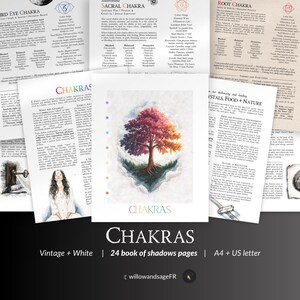 Könnte beinhalten: Eine Sammlung weißer Seiten mit Text und Illustrationen über Chakren. Das zentrale Bild ist ein farbenfroher Baum mit einem Regenbogen von Farben in den Blättern. Der Text unten lautet "CHAKRAS" und "Vintage + White | 24 book of shadows pages | A4 + US letter."