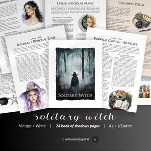 May include: A vintage-style book of shadows with a white background and a purple and white illustration of a witch. The book has the text "solitary witch" on the cover and the words "Vintage + White | 24 book of shadows pages | A4 + US letter" below the title. The book is designed for solitary witches and includes information on lunar and solar magic, personal growth, self-care, and cleansing rituals.