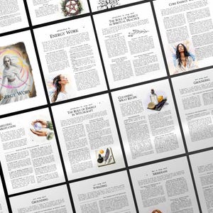 Puede incluir: Una colecci&oacute;n de p&aacute;ginas de un libro sobre trabajo energ&eacute;tico y brujer&iacute;a. Las p&aacute;ginas presentan ilustraciones de una mujer con el pelo largo, un pentagrama, una botella de l&iacute;quido y una pluma. El texto en las p&aacute;ginas incluye t&iacute;tulos como "Trabajo energ&eacute;tico", "El papel de la energ&iacute;a en la brujer&iacute;a", "Conexi&oacute;n a tierra" y "Meridianos".
