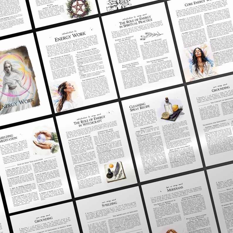 Puede incluir: Una colecci&oacute;n de p&aacute;ginas de un libro sobre trabajo energ&eacute;tico y brujer&iacute;a. Las p&aacute;ginas presentan ilustraciones de una mujer con el pelo largo, un pentagrama, una botella de l&iacute;quido y una pluma. El texto en las p&aacute;ginas incluye t&iacute;tulos como "Trabajo energ&eacute;tico", "El papel de la energ&iacute;a en la brujer&iacute;a", "Conexi&oacute;n a tierra" y "Meridianos".