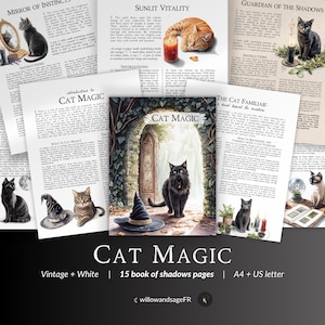 May include: A vintage-style book of shadows with a black cat illustration on the cover. The book is titled "Cat Magic" and features the text "15 book of shadows pages" and "Vintage + White".
