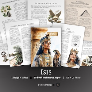 Peut inclure: Un livre d'ombres imprimable de 18 pages dédié à la déesse égyptienne Isis. Le livre présente des illustrations vintage d'Isis, d'un faucon et d'autres symboles. Le texte comprend des informations sur la magie de protection, la construction d'une relation avec Isis et les pratiques magiques. Le livre est disponible en format A4 et lettre US.